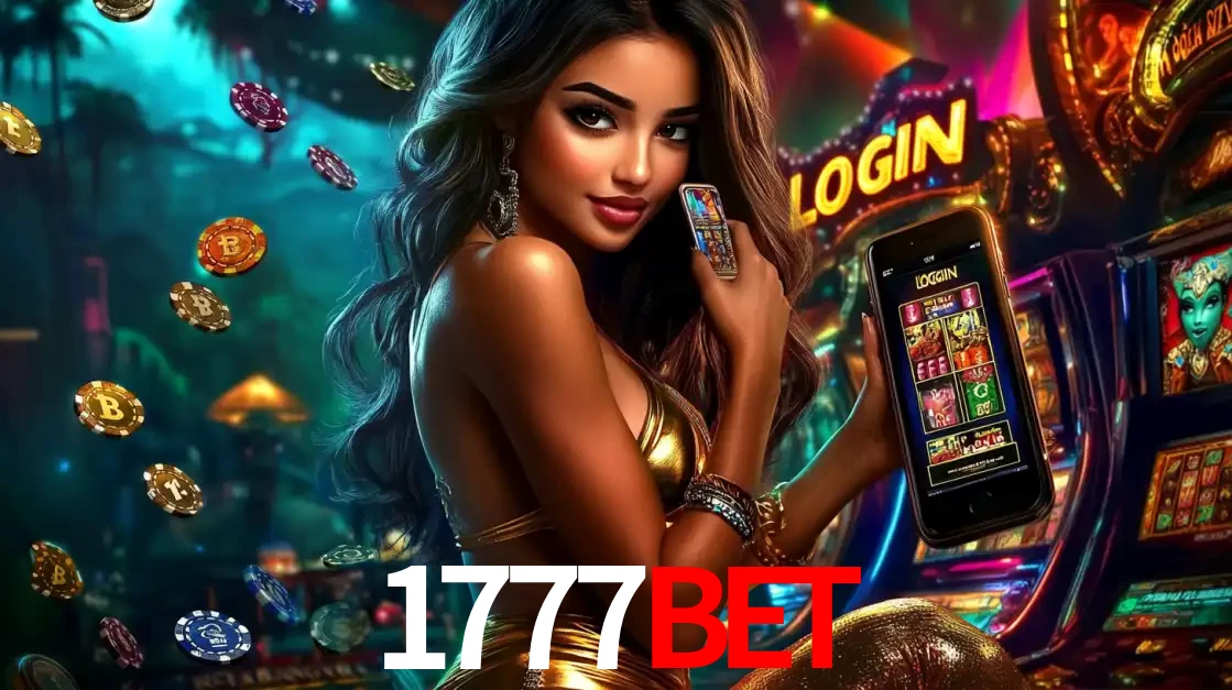 Mulher em um cenário de cassino temático de aventura, mostrando o app de caça-níqueis da 1777BET no celular. Fichas de apostas flutuam ao redor.